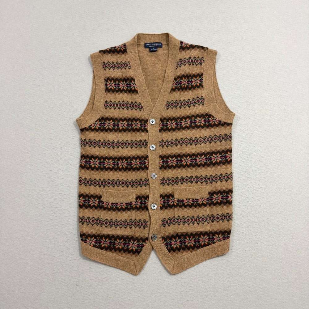 Daniel Cremieux Sweater Vest Small Brown Fair Isle Wool Cardigan V-Neck Button